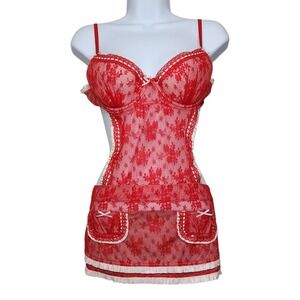 Victoria's Secret Apron Milk Maid 36C Babydoll Lingerie Red Lace Satin Ribbon